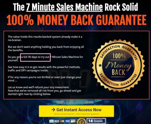 7 minute sales machine refund policy