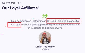 earn and go fake testimonial