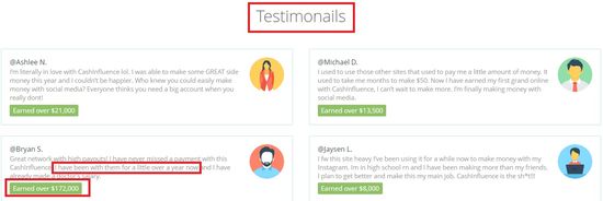 cashinfluence fake testimonials